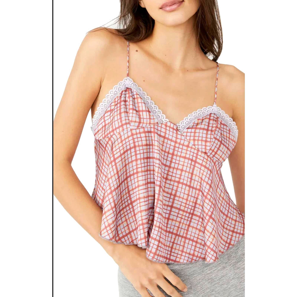 Free People Pink Plaid Lace-Trim Cami